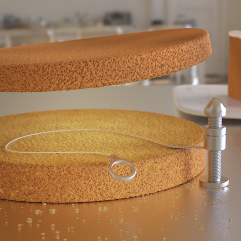 a representation of how the cake leveller utilises the nylon cutting cord to cut perfectly level layers into cakes